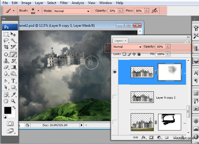 Castle in the Sky, castle in the clouds, dreamy landscape, mysterious, illustration, fantastic, rainbow effect in photoshop
